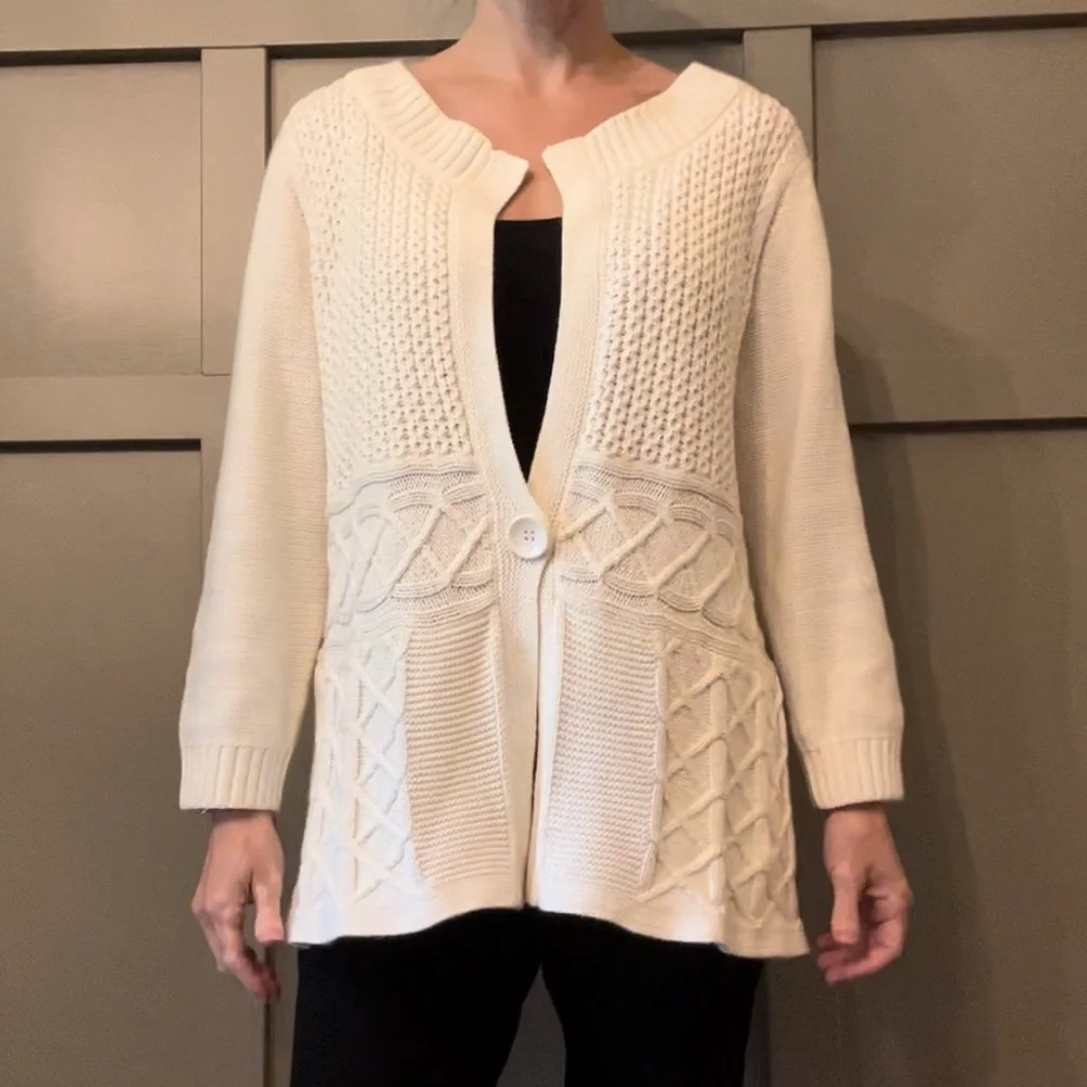 Talbots Cotton Cashmere Cable Knit Fisherman Sweater Cardigan Cream Size XL
